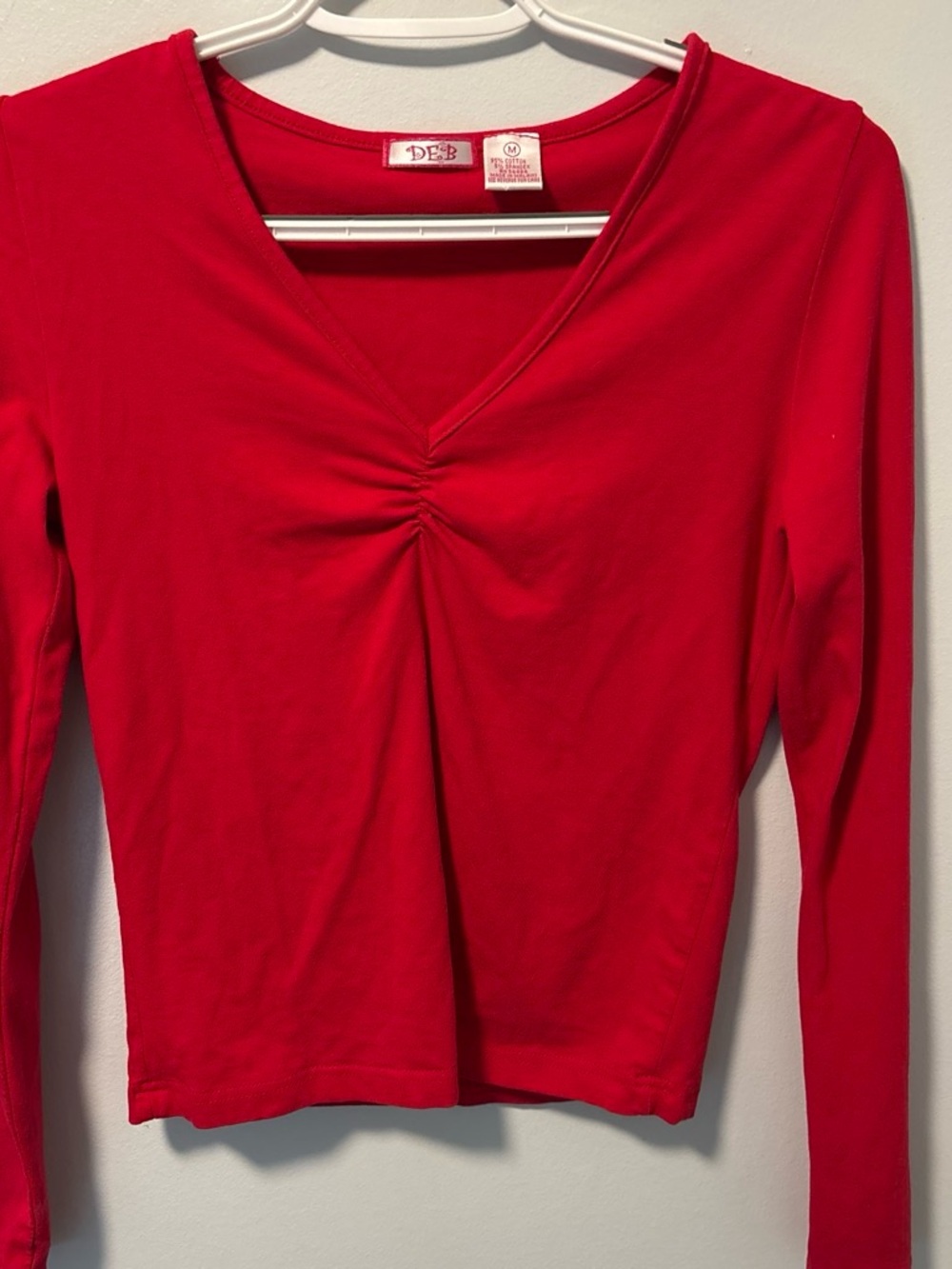 Y2K Deb Bright Red Long Sleeve V-Neck Ruched Front Top